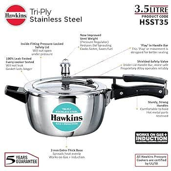 Hawkins Tri-Ply 3.5L Steel Pressure Cooker - HSST35 gurumart.co.nz