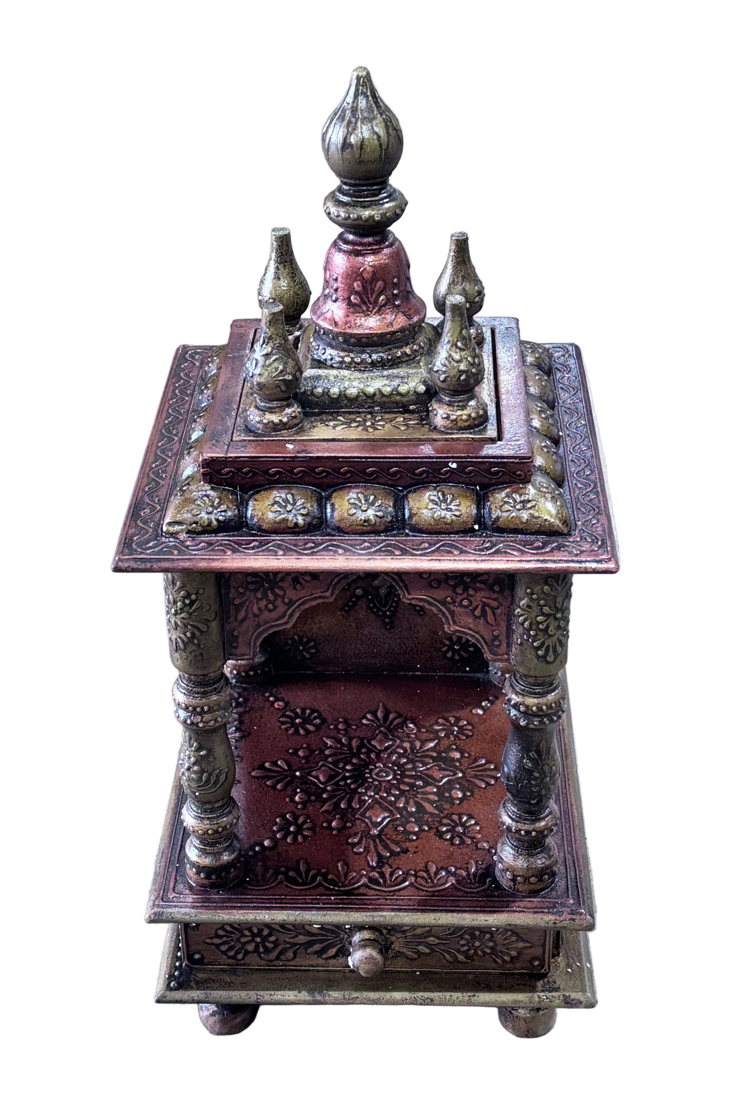 Wooden mandir brown & gold Height - 18 inches Length - 8 inches Width - 8 inches Comes with a drawer gurumart.co.nz