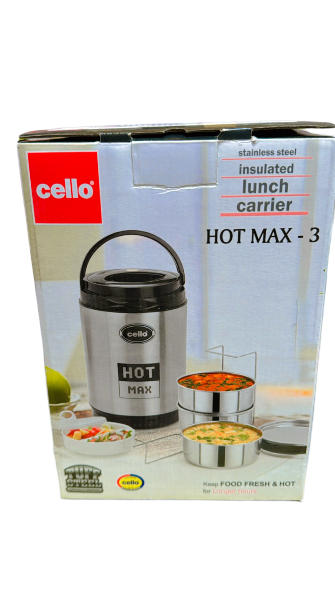 Cello Hot Max 3 Steel Insulated Lunch Carrier - Black Cello