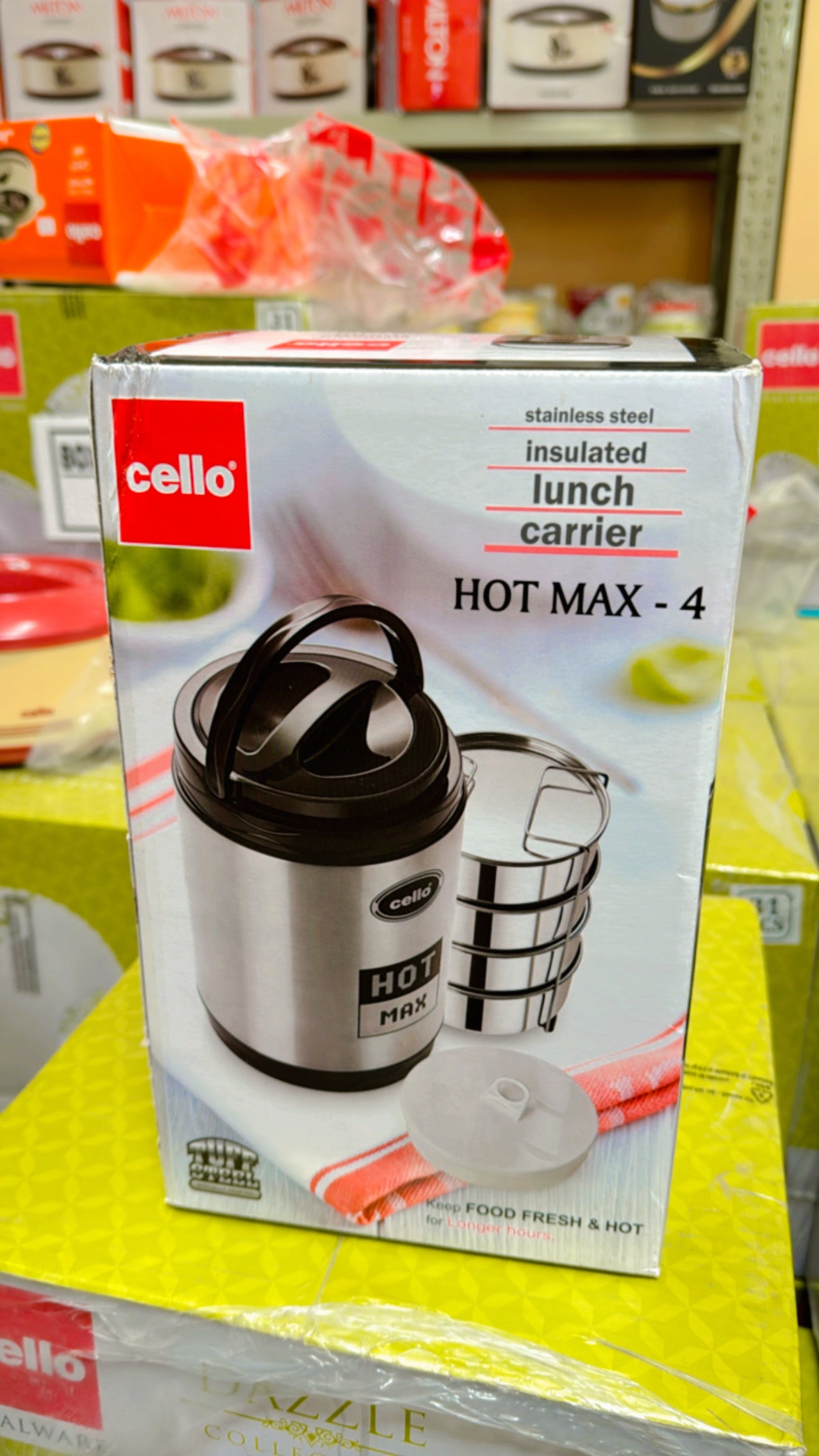 Cello Hot Max 4 Steel Insulated Lunch Carrier - Black Cello