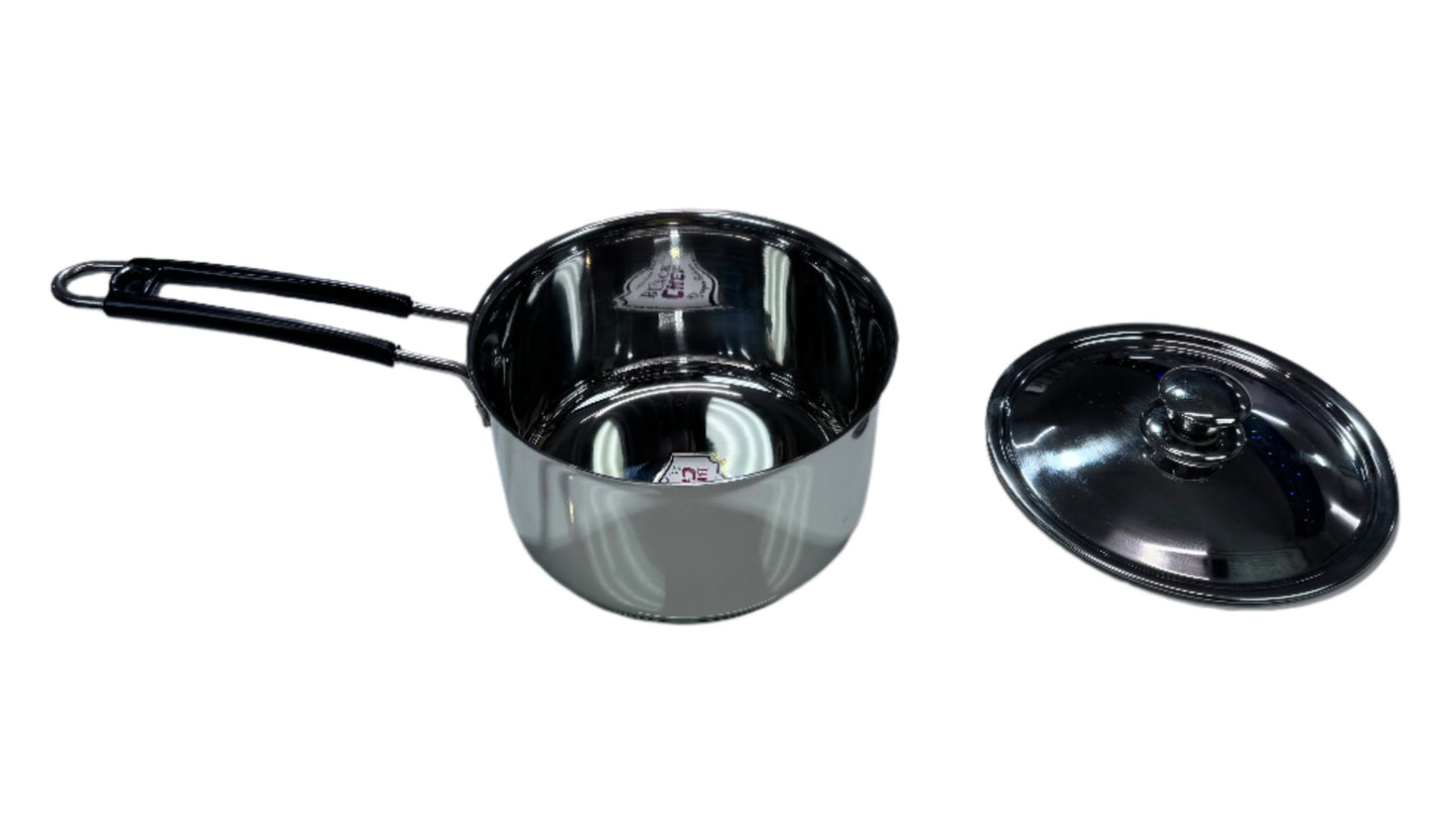 Black Chef Stainless Steel Milk Pan / Sauce Pan with lid - Induction base, 19cm. Black Chef