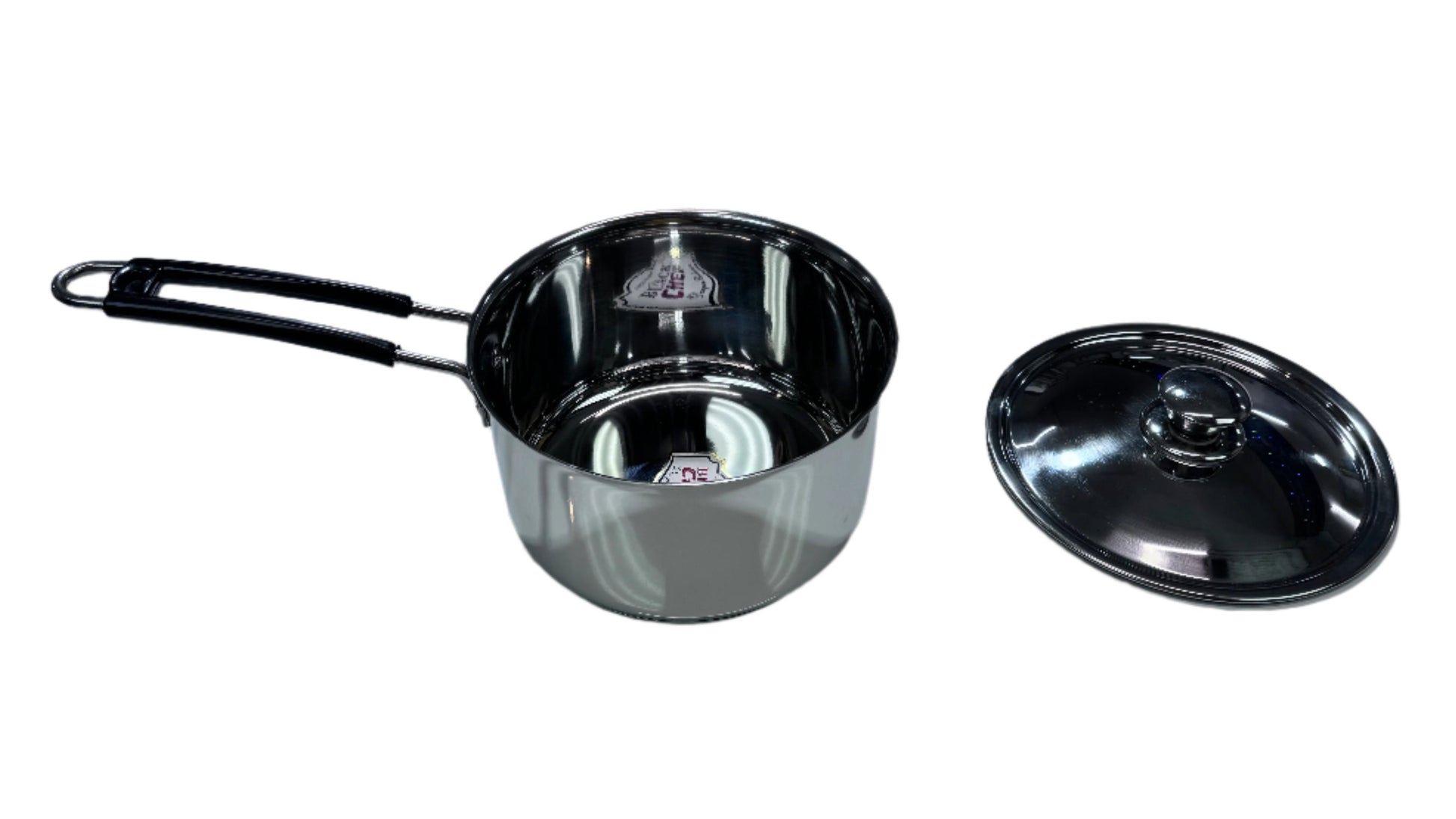 Black Chef Stainless Steel Milk Pan / Sauce Pan with lid - Induction base, 19cm. Black Chef