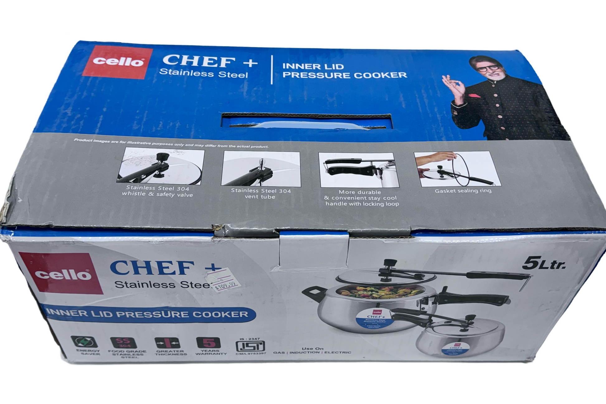 Cello Chef+ 5Ltrs Steel Pressure Cooker - Induction compatible Cello