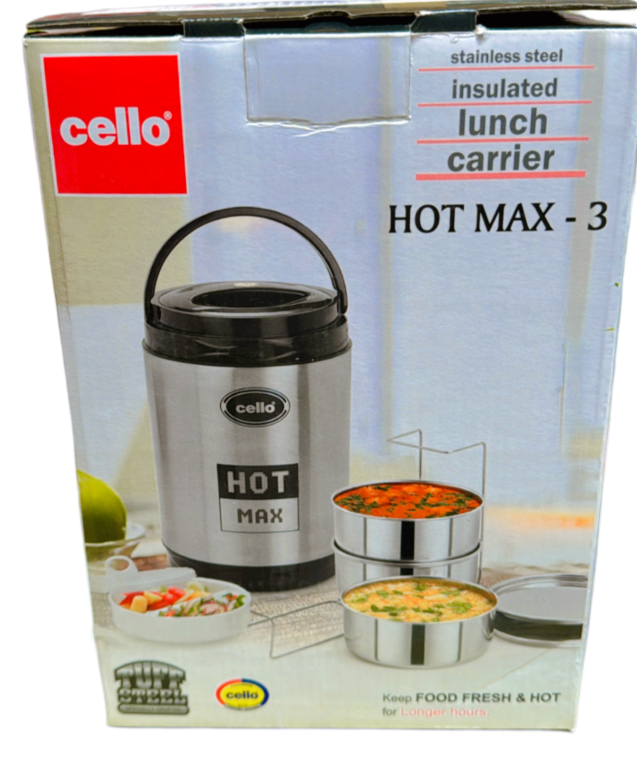 Cello Hot Max 3 Steel Insulated Lunch Carrier - Grey Cello