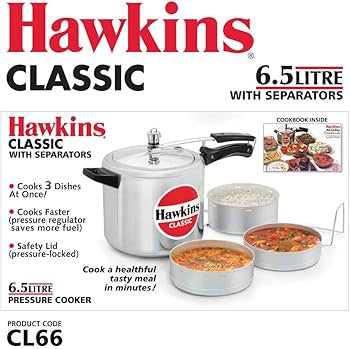 Hawkins 6.5 Litre Classic Pressure Cooker with Pots, Inner Lid Cooker with Separator Set, Silver (CL66) Hawkins