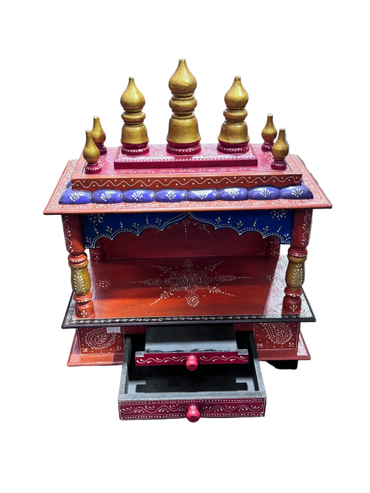 Wooden mandir orange, red & purple

Height  - 18 inches
Length -  15 inches
Width -  8 inches 
Comes with a drawer and adjustable tray gurumart.co.nz